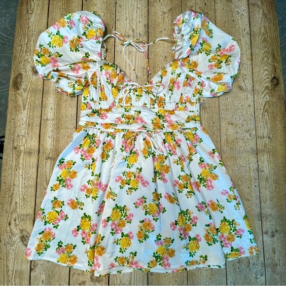 For Love & Lemons Emma Floral Mini Dress Puff Sleeve White Pink Yellow XL - Picture 2 of 7